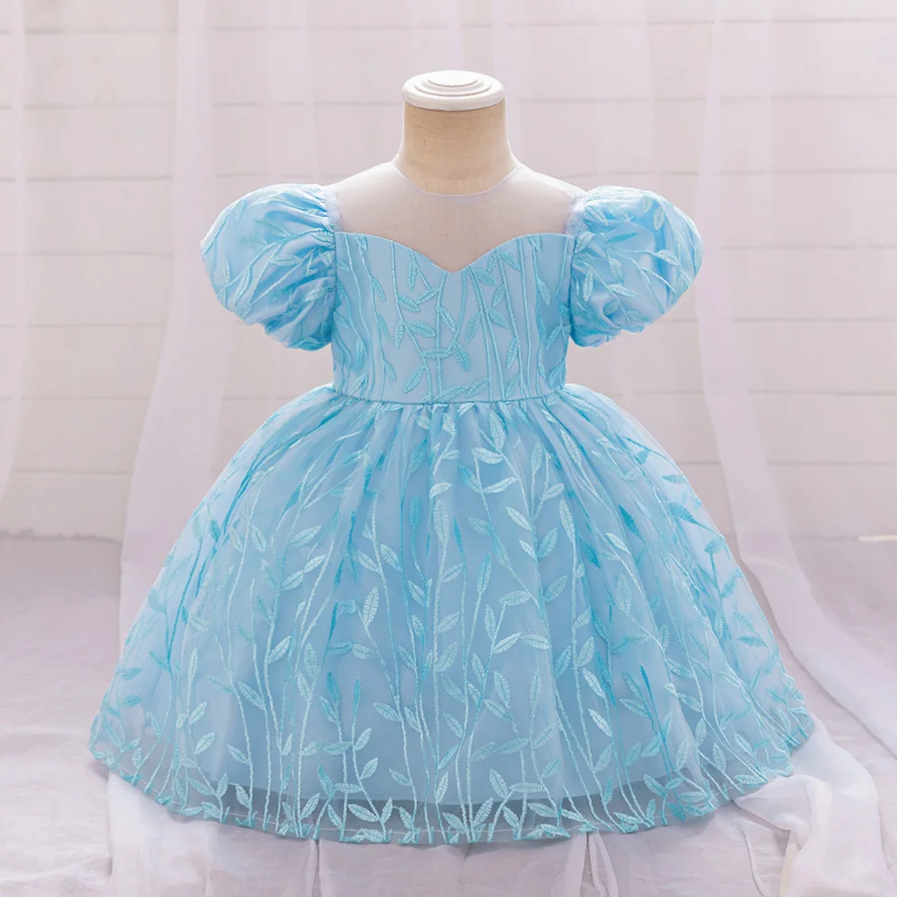 Infant Girl Leaf Embroidery Dresses Baby Girls Party Dress Toddler 1st Birthday Baptism Bow Gown Kids Puff Sleeves Evening Wear