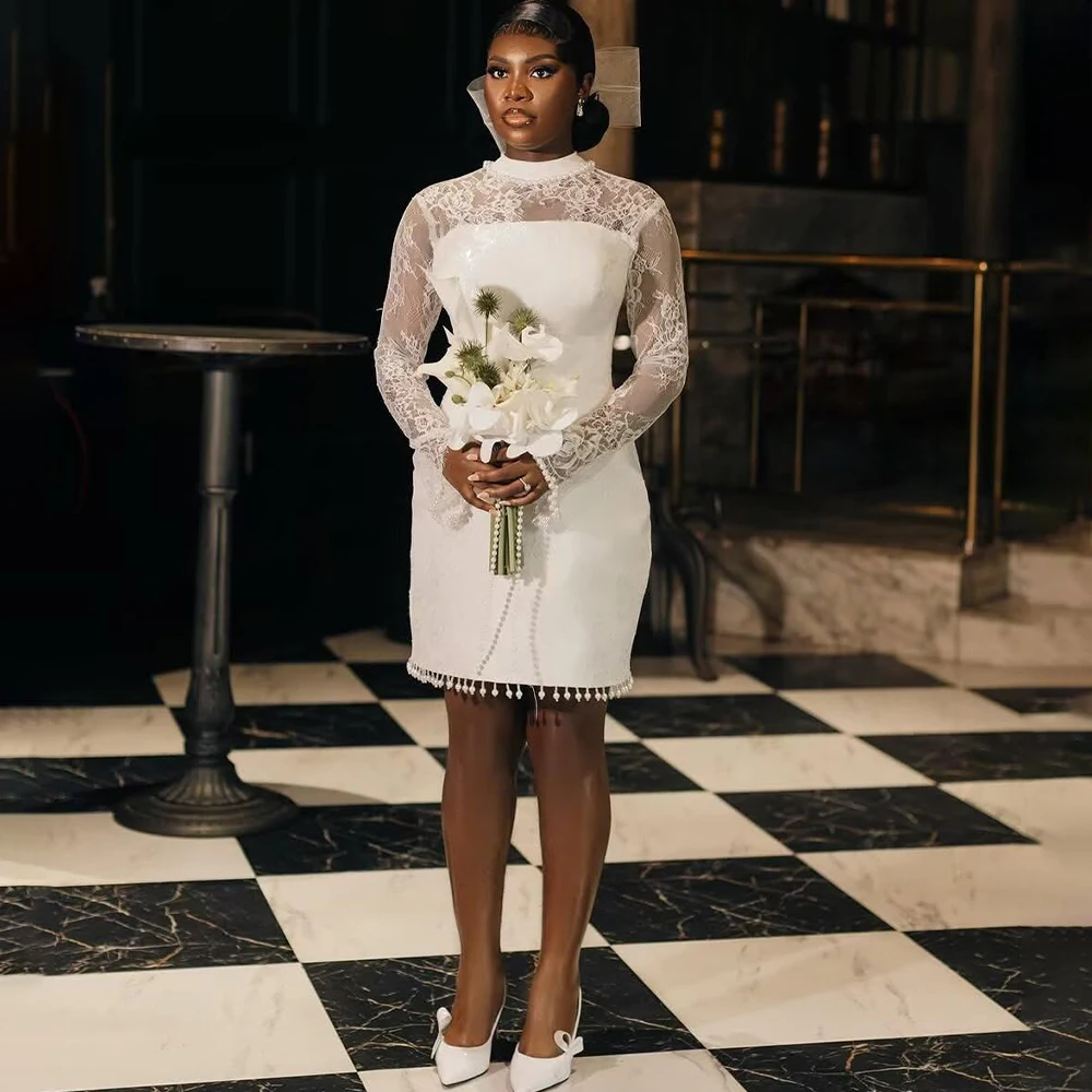 Short Civil Wedding Dress High Neck Long Sleeve Lace Tassel Court Above Knee Bride Dress White Africa Bridal Gowns Customized