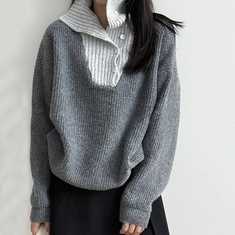 HKSH 2025 خريف شتاء جديد المرأة سترة الوقوف طوق زرر التباين اللون موضة أنيقة Ins عادية محبوك القمم HK15695 #4