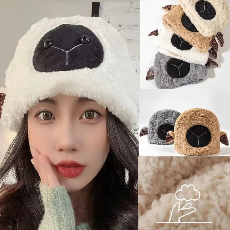 

Y2K Beanie for Women Girls Winter Japanese Sweet Cute Ears Little Sheep Hat Plush Thickened Warm Lamb Wool Pullover Cap