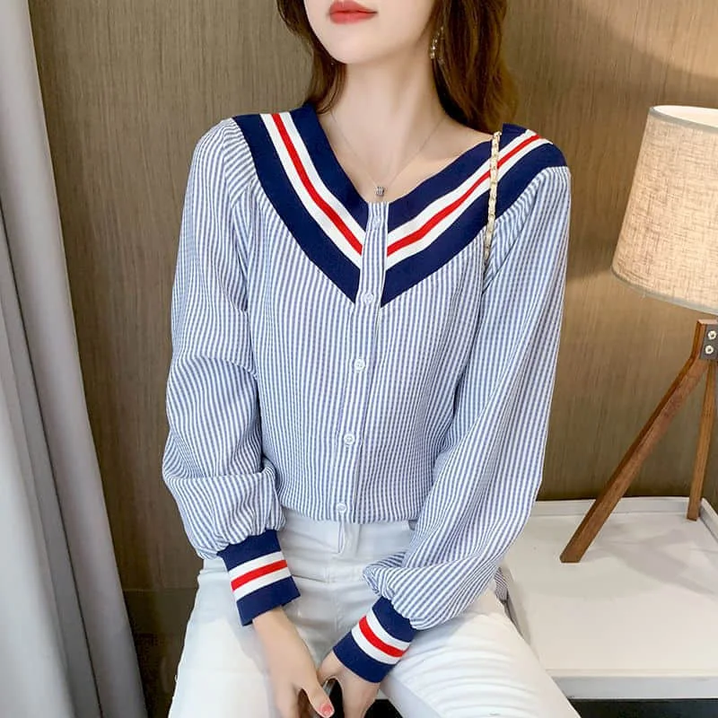 

Shirts for Women Knitted Patchwork Navy Striped Casual Long Sleeve Women Tops Loose Korean Style Aesthetic V-neck Simple Blouses