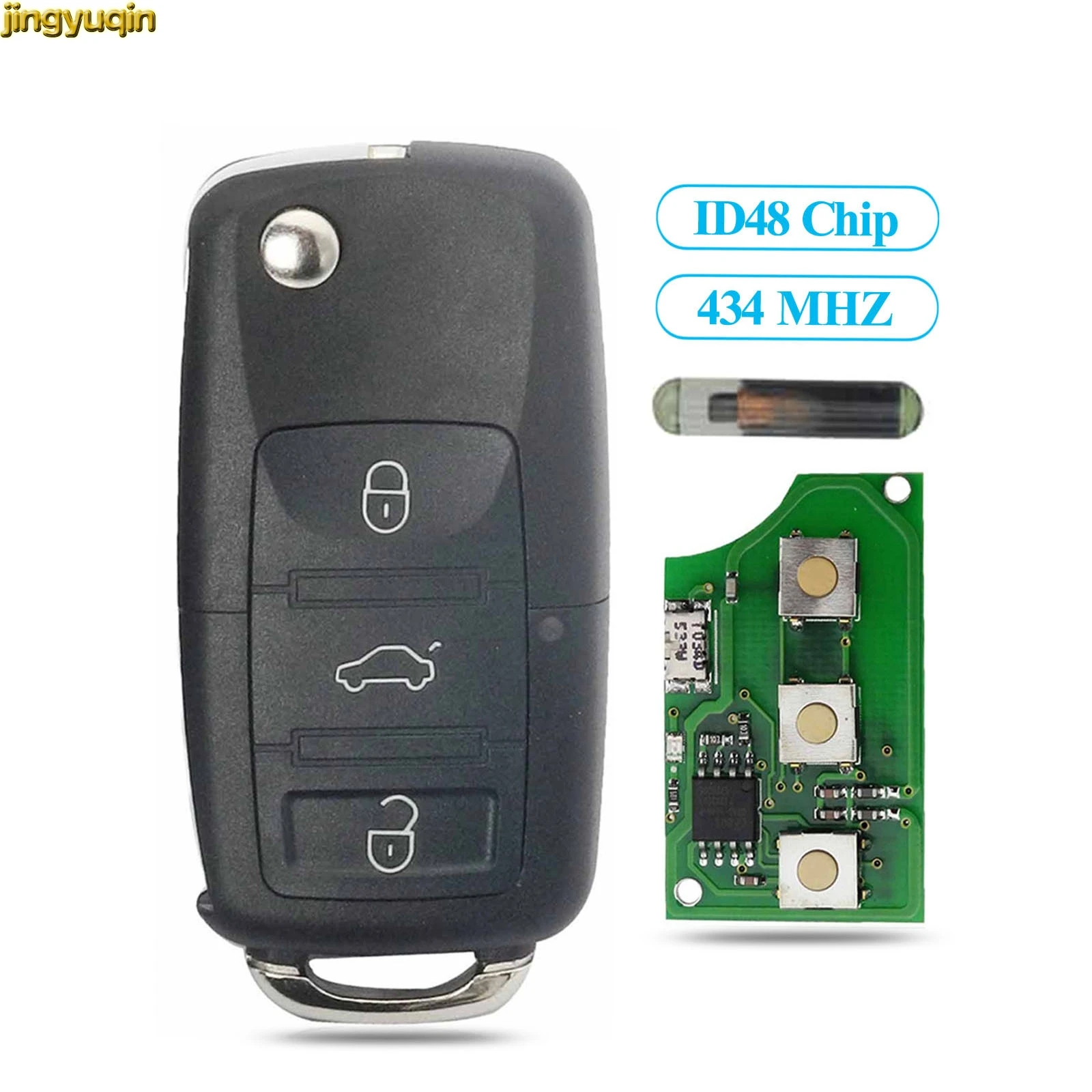 Chave remota do carro Jingyuqin com 3 botões 1J 0959753 AH/DA 1K 0959753 G 434MHZ ID48 para VW PASSAT Polo Skoda Seat Polo Golf Beetle