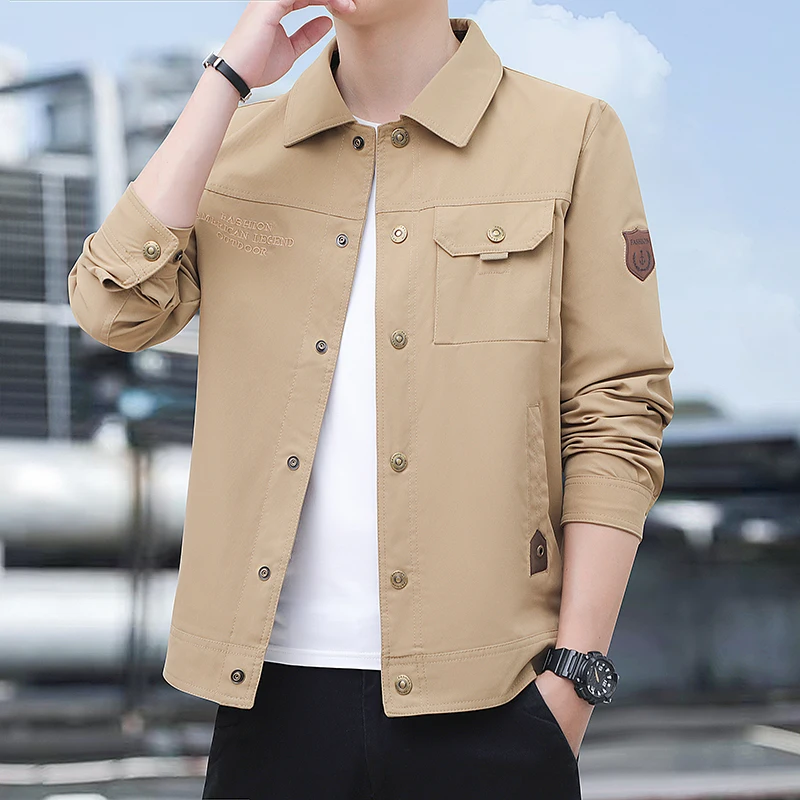 Autumn Men's Jackets New Solid Color Comfortable Loose Chest Pocket Design Outdoor Travel Lapel Top Men's Long-sleeved Coat