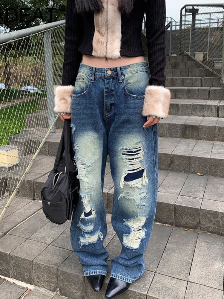 DEAT Fashion Women Ripped Jeans High-waist Washed Tassel Pockts Asymmetric Full-length Denim Pants Spring 2025 New Tide 7AB6378