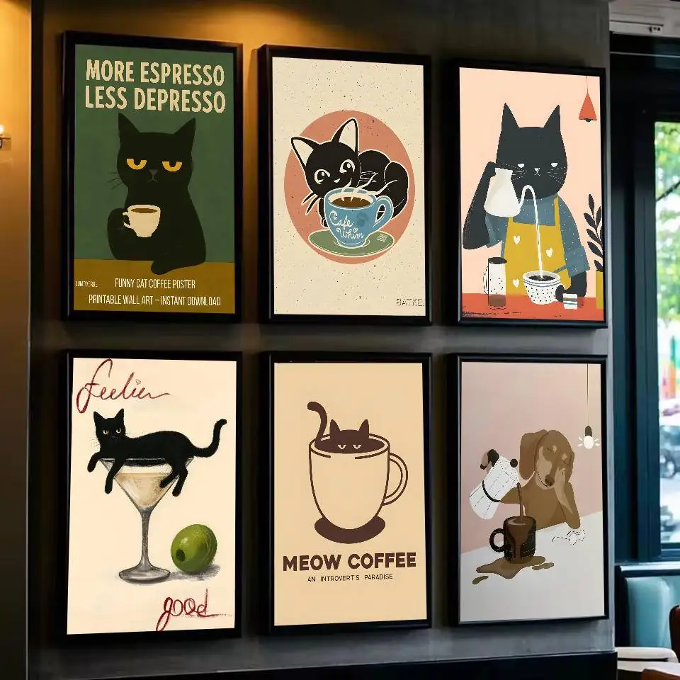 Boho Minimalist Cartoon Dog Cat Cafe Poster  Self-adhesive Art Waterproof Paper Sticker Coffee House Bar Dorm Room Wall Decor