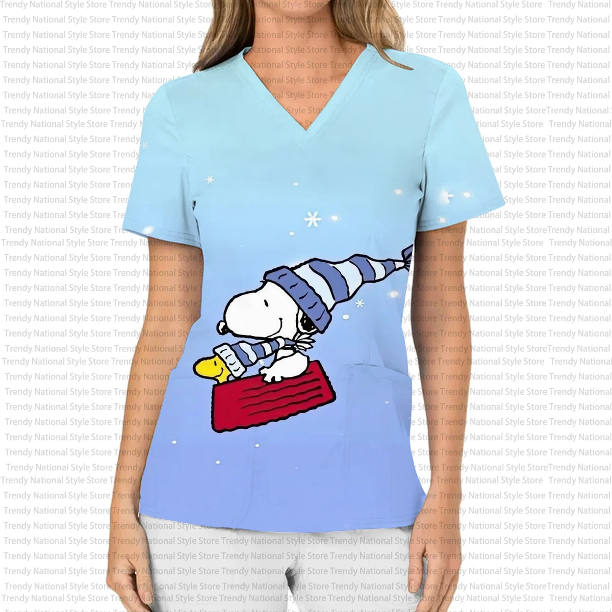 2025 delle nuove donne di alta qualità del fumetto di Natale Snoopy stampa con scollo a V tasca Scrub Top Dental Pet Shop salone di bellezza T-shirt
