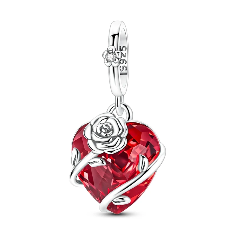925 Sterling Silver Charms Pendant CZ Zircon Red Love Rose Pendant Dangle Fit Original Bracelet DIY Women Jewelry Gift