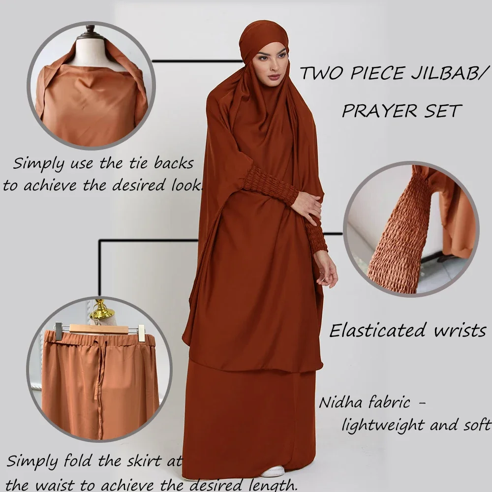 Two Piece Jilbab Prayer Set Abaya for Woman Batwing Hijab Dress Muslim Kimono Kaftan Robe Long Khimar Islam Cloth Jilbab Ramadan