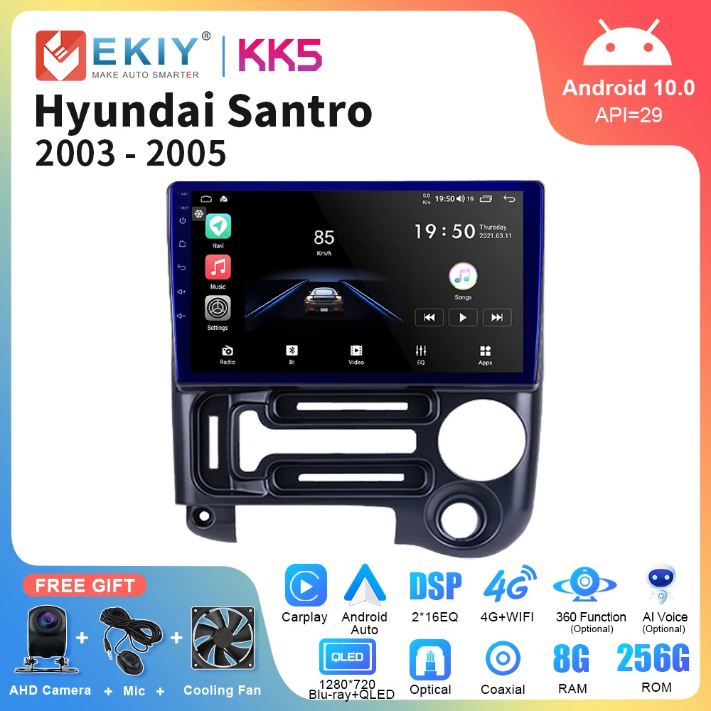 

EKIY KK5 QLED For Hyundai Santro 2003-2005 AI Voice Car Radio Multimedia Video Player Auto Navigation GPS 4G Android 10 2din DVD