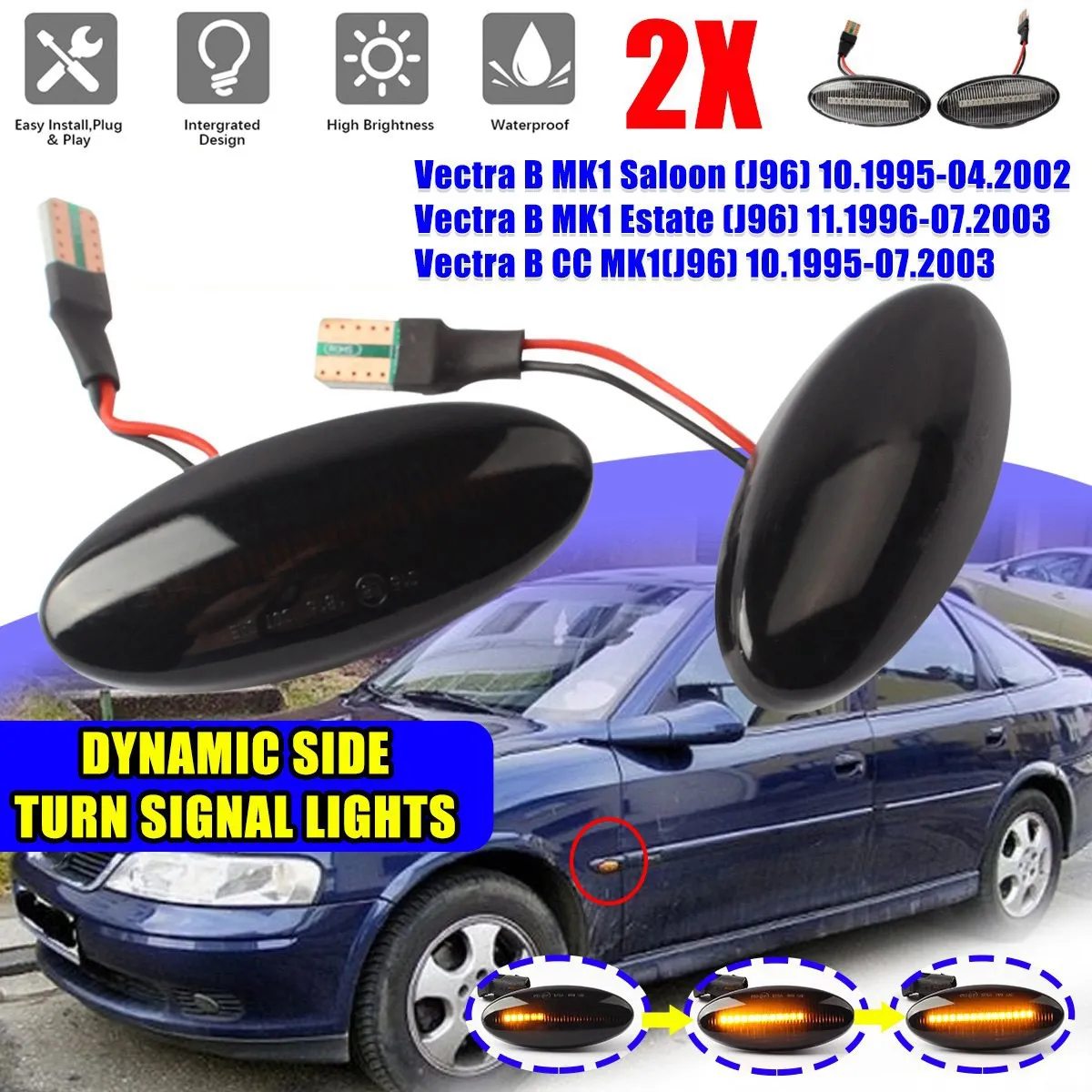 1Pair Smoked LED Dynamic Side Mirror Turn Signal Indicator Light for Opel/Vauxhall Vectra B MK1 1995-2003