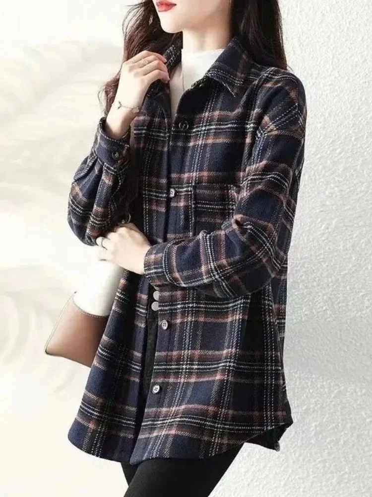 Plus size feminino puro algodão xadrez irt midi solto emagrecimento topo na moda commute coreano sle longo gola sve
