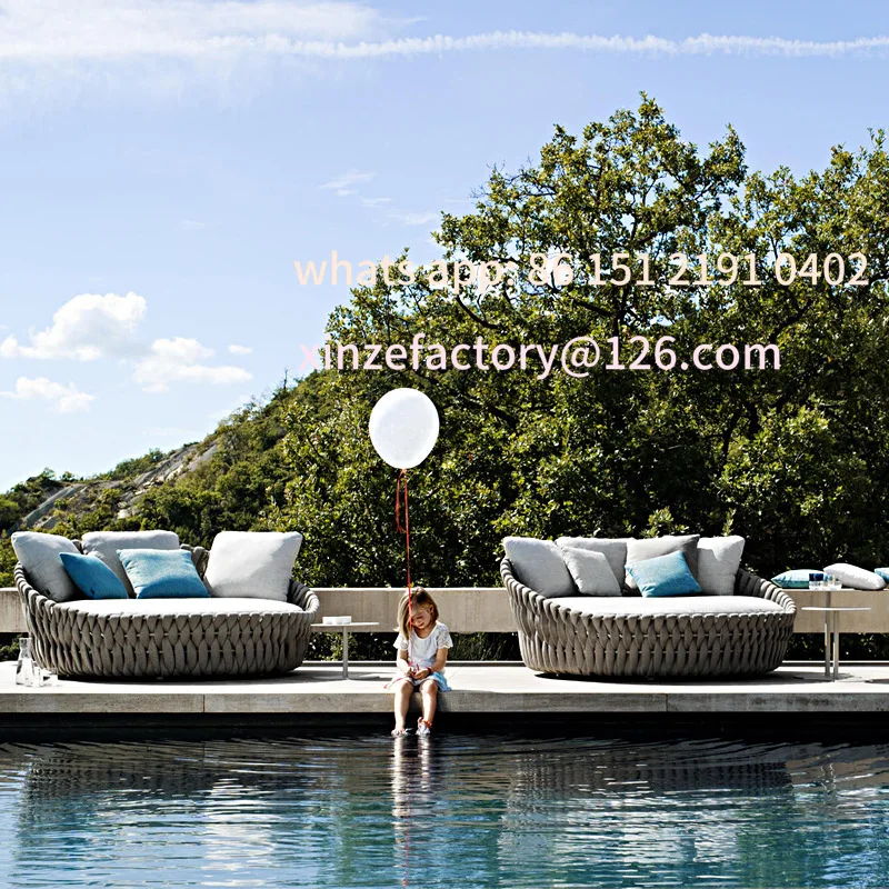

Customizable outdoor rope pool round leisure courtyard lounger beach garden rattan bed terrace sun bed