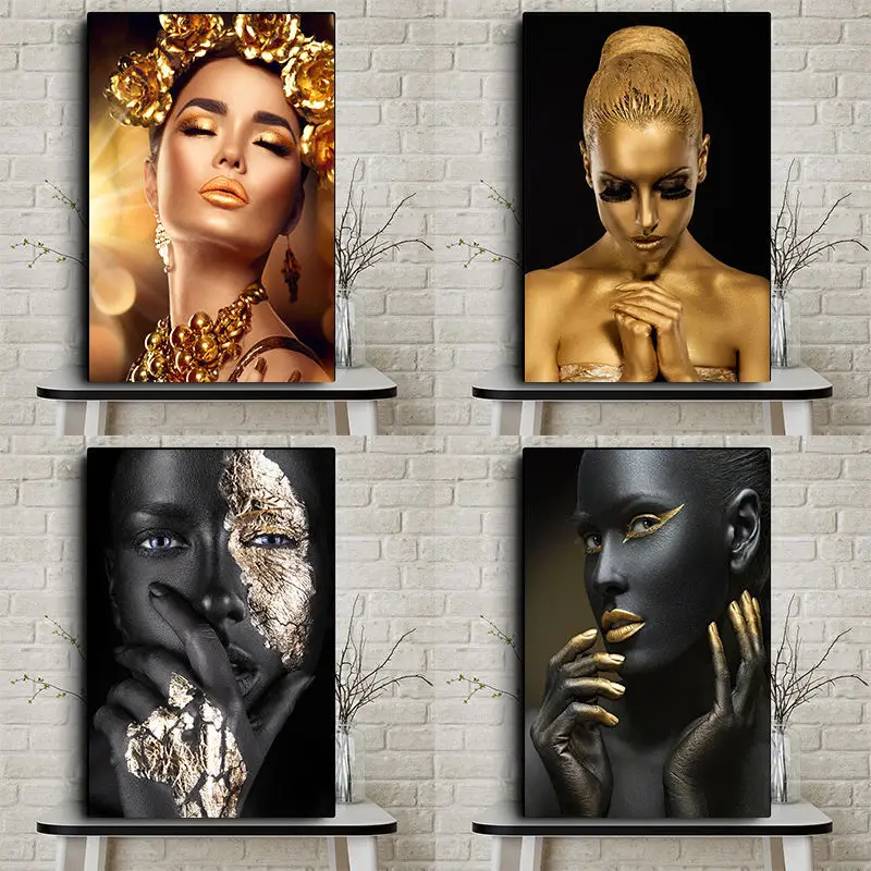 Peinture à l'huile sur toile de femme noire et or, art africain, affiches de contemplateur de salon, impressions scandinaves