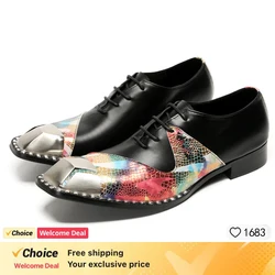 New Spring Black Casual Shoes Loafers Genuine Leather  Square Toe Party Dress Shoes Metal Toe Fashion Men Shoes