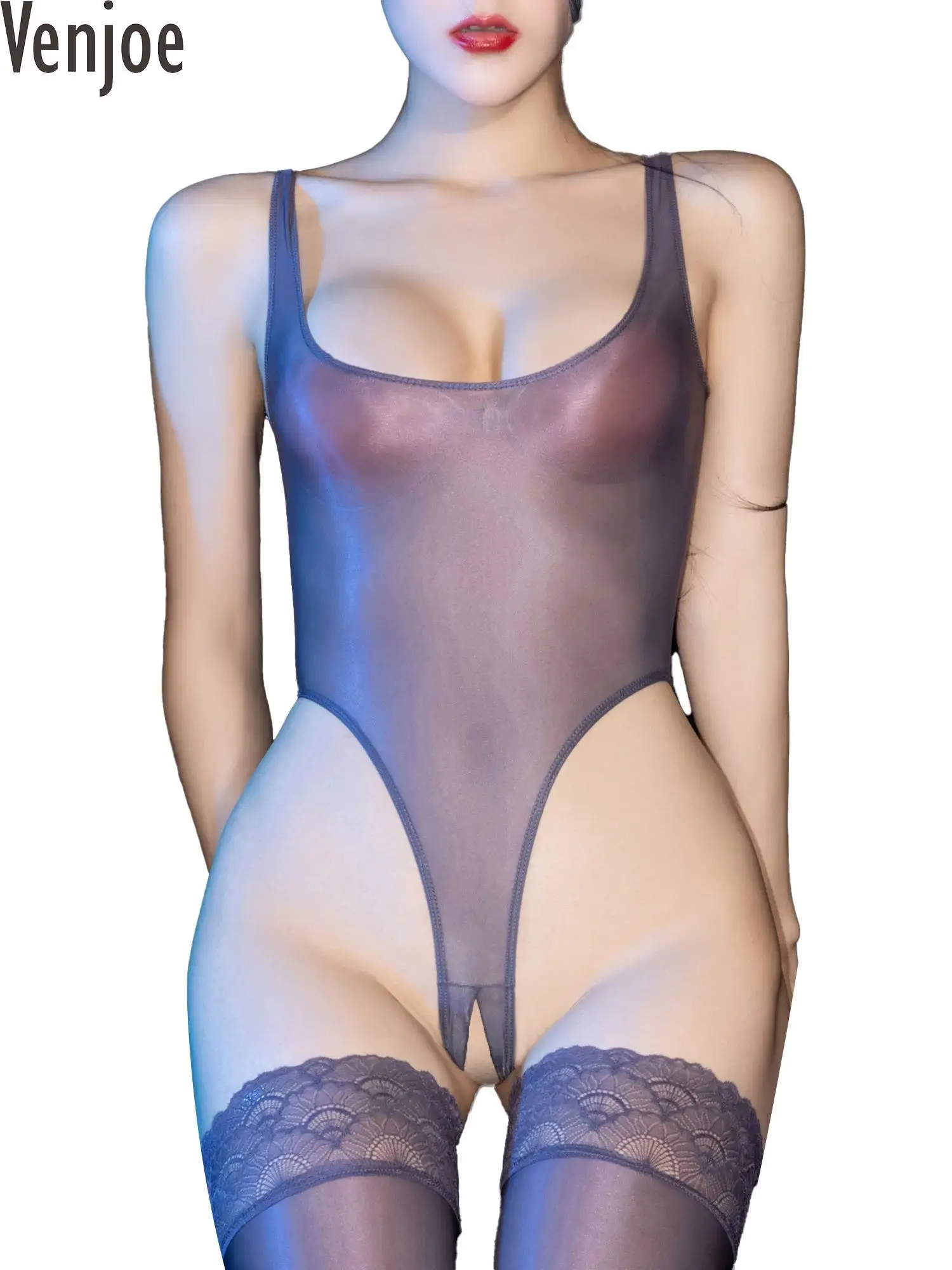 

Womens Glossy U Neck Open Crotch Bodycon Bodysuit See-through Stretchy High Cut Thong Sleeveless Leotard Lingerie Sleepwear