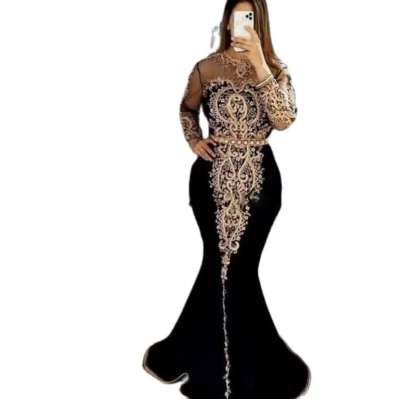 Black Mermaid Moroccan Caftan Evening Dresses 2022 Illusion Long Sleeve Sparkly Lace Beaded Kaftan Arabic Prom Second Gown