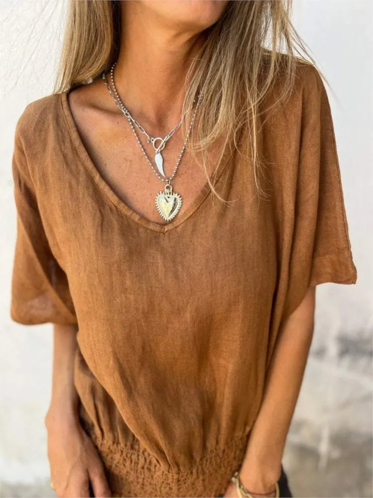 Elegant Short-sleeved V-neck Loose T-shirt For Women Summer Fashion Office Lady Pullover Solid Color Loose Casual Blouse Female