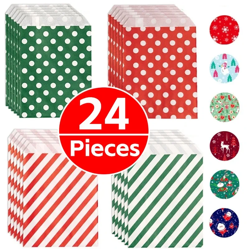 24pcs Paper Bags with Sticker Storage Bags Candy Cookie Bag Pocket Wedding Birthday Christmas Party Decoration Gifts Packaging