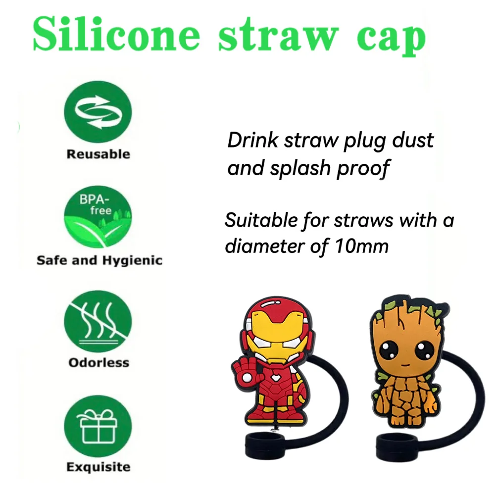 MINISO Marvel-The Avengers Straw Cover Cap 10MM Drink Straw Plug Reusable Fit Cup Accessories Straw Cap Charms Pendant Gift