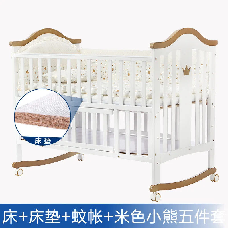 Crib solid wood European baby rocker with roller multi-functional pine plus game bb White bed Wholesale