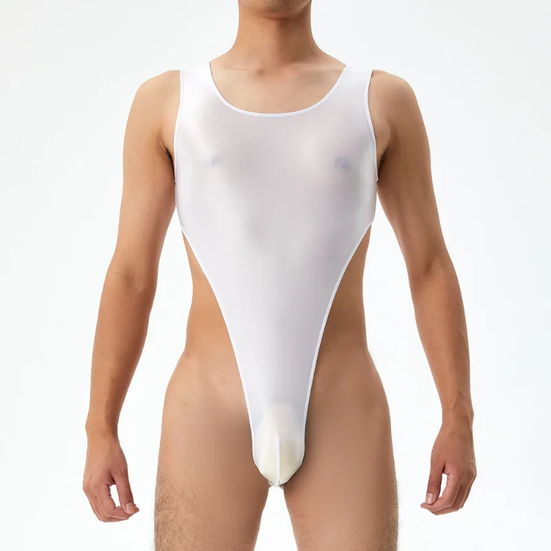 Mens Sexy Bodysuit Oil Glossy Silky Swimsuit Perspective T Crotch Tights High Elastic Large Size Seamless High Fork Swimwear