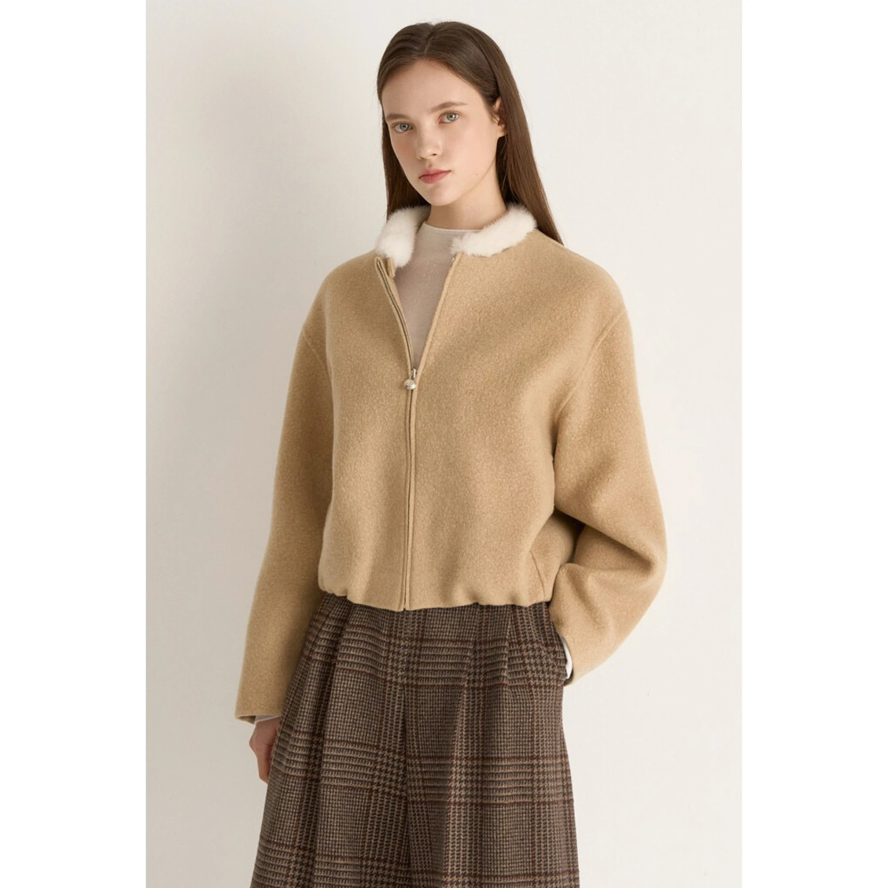 Abnehmbarer echter Nerzpelzkragen rund Ne ort Woolen Jaet Lemon Cheese MIN25 Winter Damen Faion Commute Sle Coat