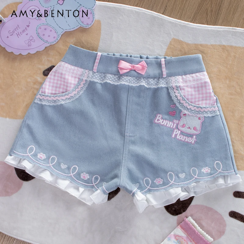Japanese New Pure Cotton Lace Women's Jeans Original Design Sweet Cute Versatile Age Reduction 2025 Spring Summer Shorts Ladies