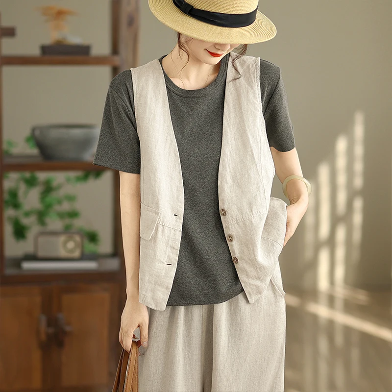 

Ретро-жилет с V-образным вырезом, уникальный, повседневный, свободный, льняной, женский, весенне-осенний, модный, универсальный, однотонный, на пуговицах