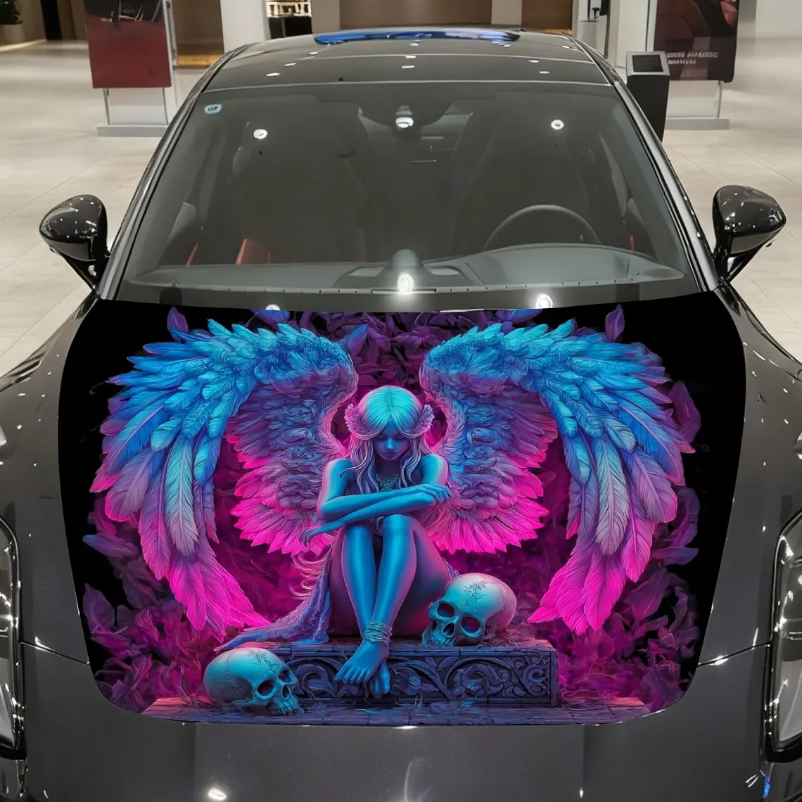 Gorgeous Wing Girl and Skull Elements Car Vinyl Wrap, PVC Material Waterproof Car Hood Sticker, Self-Adhesive Scratch-Resistant
