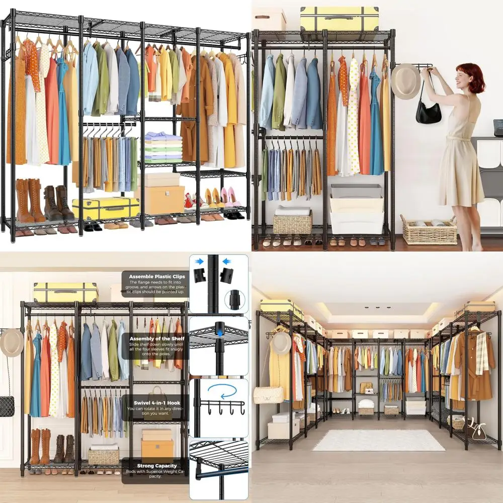 

"sturdy multi-tier clothes rack with adjustable hanging and storage features"