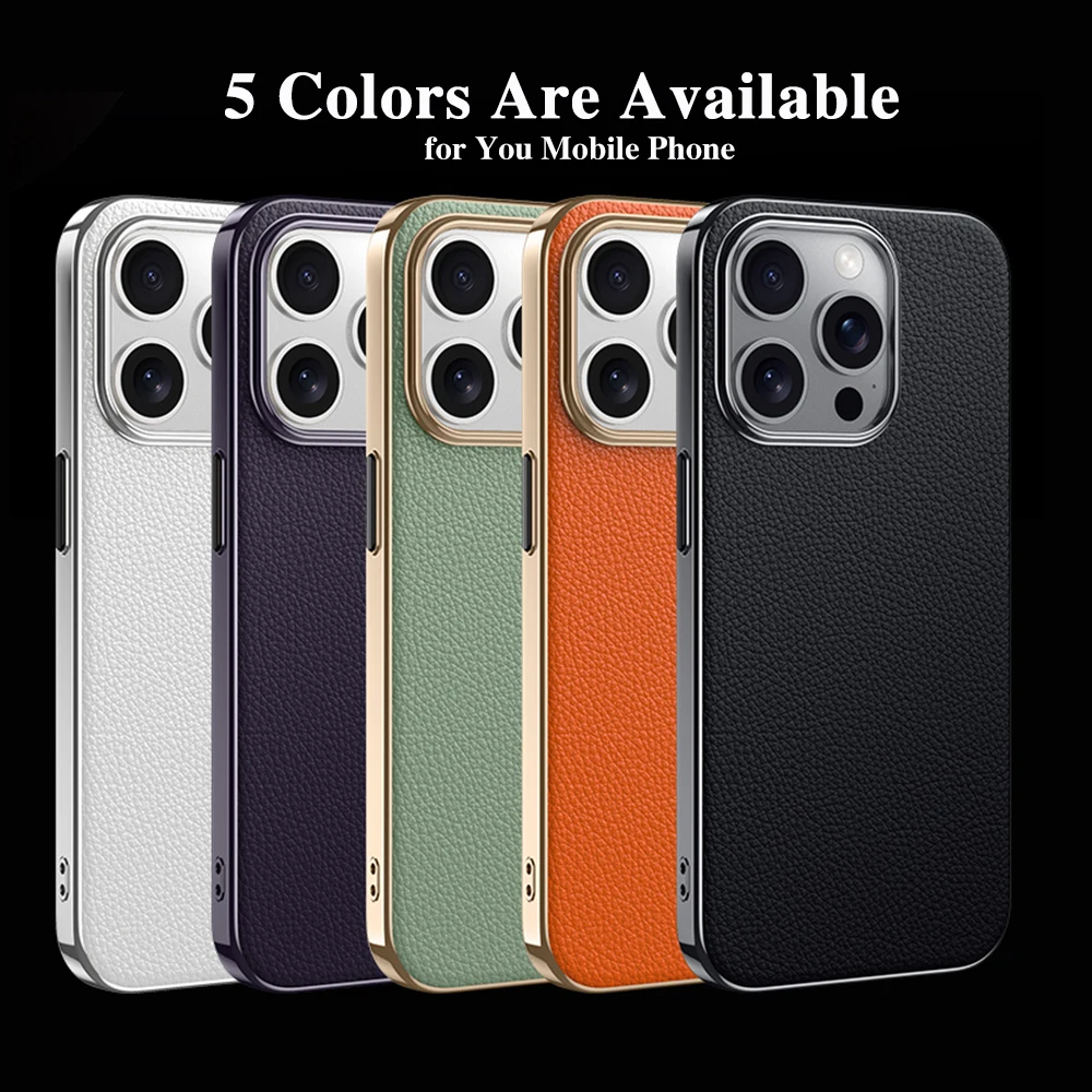 حافظة جلدية أصلية للآيفون ، جلد بقر أصلي مطلي ، نمط Lichee ، حماية للعدسة ، غطاء هاتف صلب مقاوم للصدمات ، 16 برو