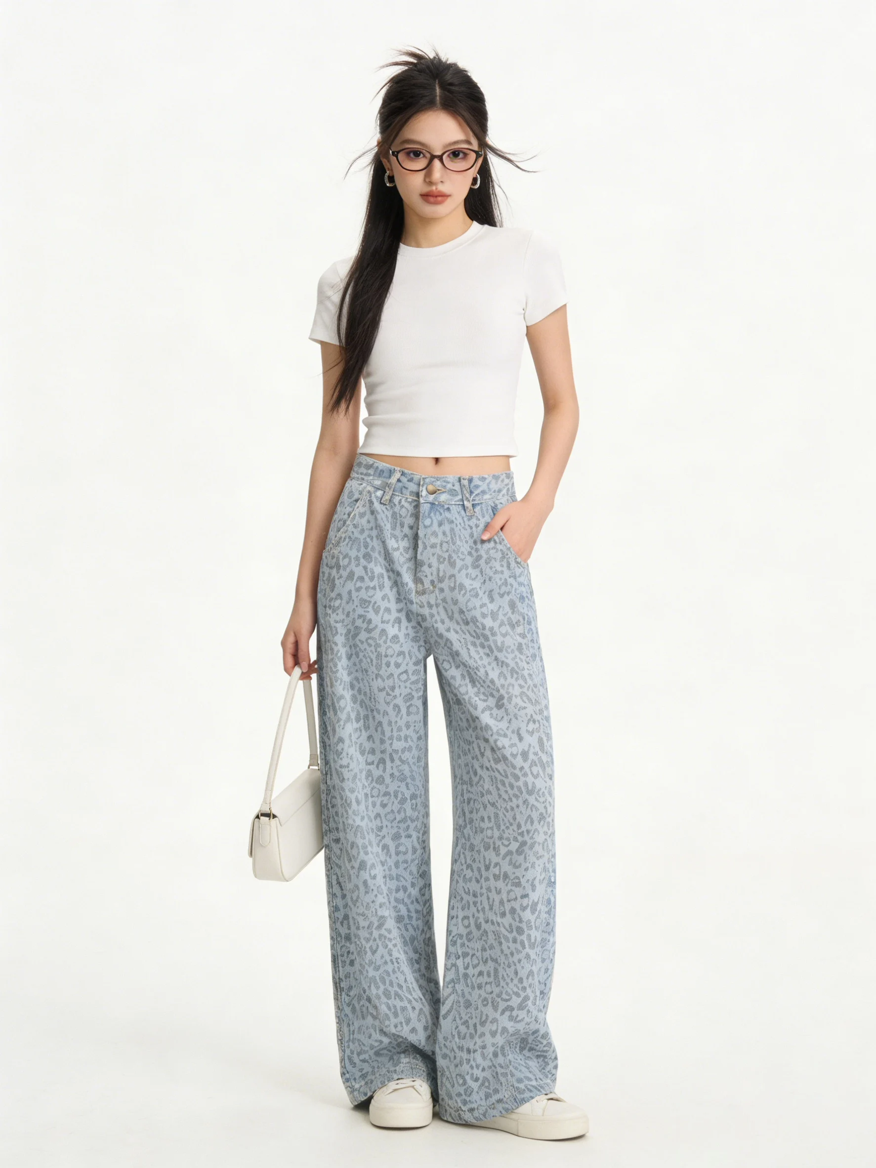 

American Retro Leopard Print High Waist Wide Leg Jeans Women's Loose Slimming Straight Cut Design Spring New Style Casual Jeans