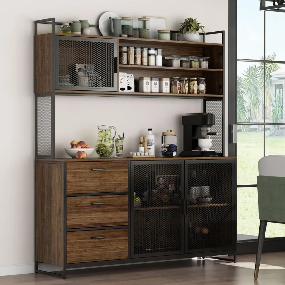 Pantry Cabinets with Hutch, Metal Frame Cupboard with Mesh Door, Drawer & Microwave Shelf, Freestanding Kitchen Storage