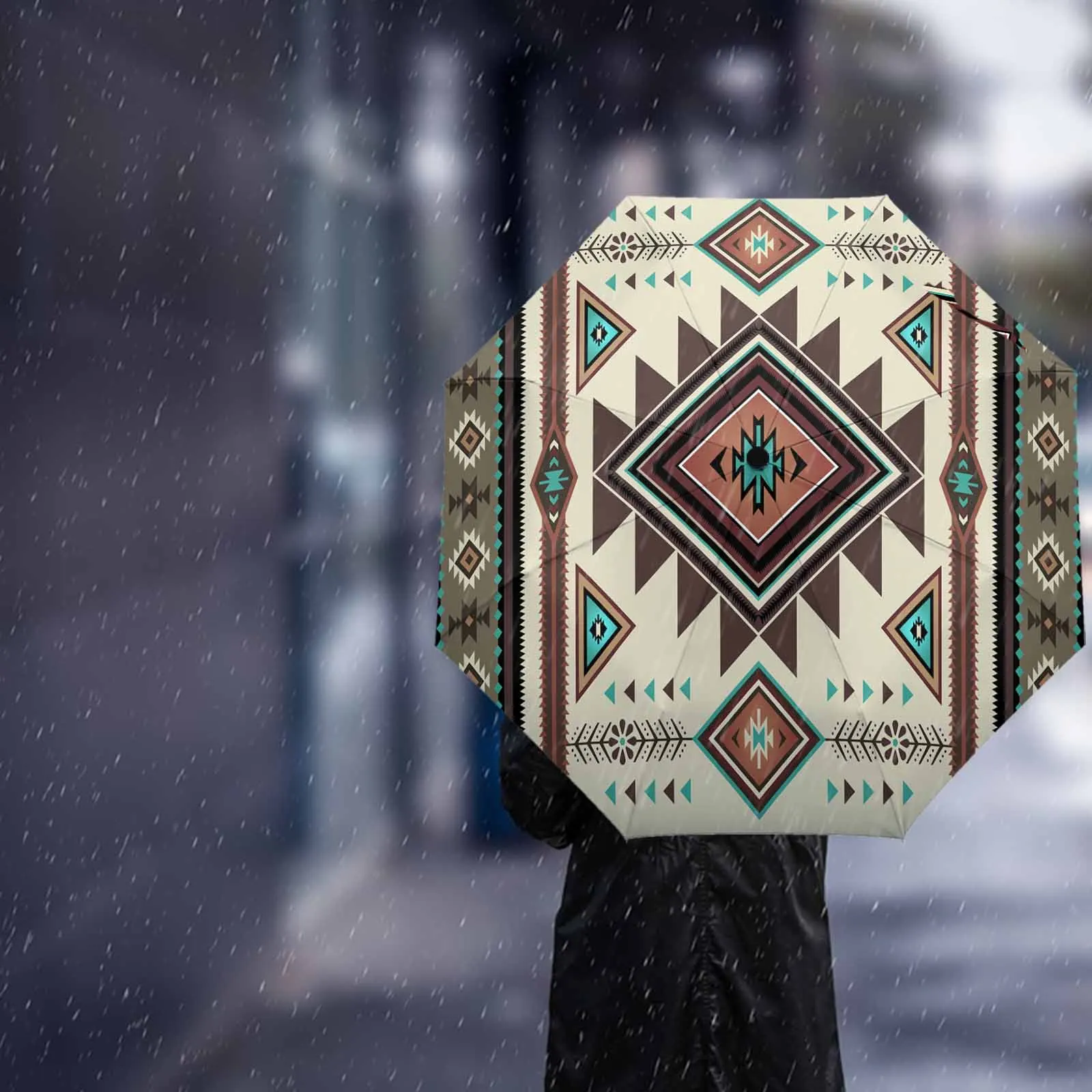 Brown Bohemian Geometric Automatic Umbrella Travel Folding Umbrella Portable Parasol Windproof Umbrellas image 3