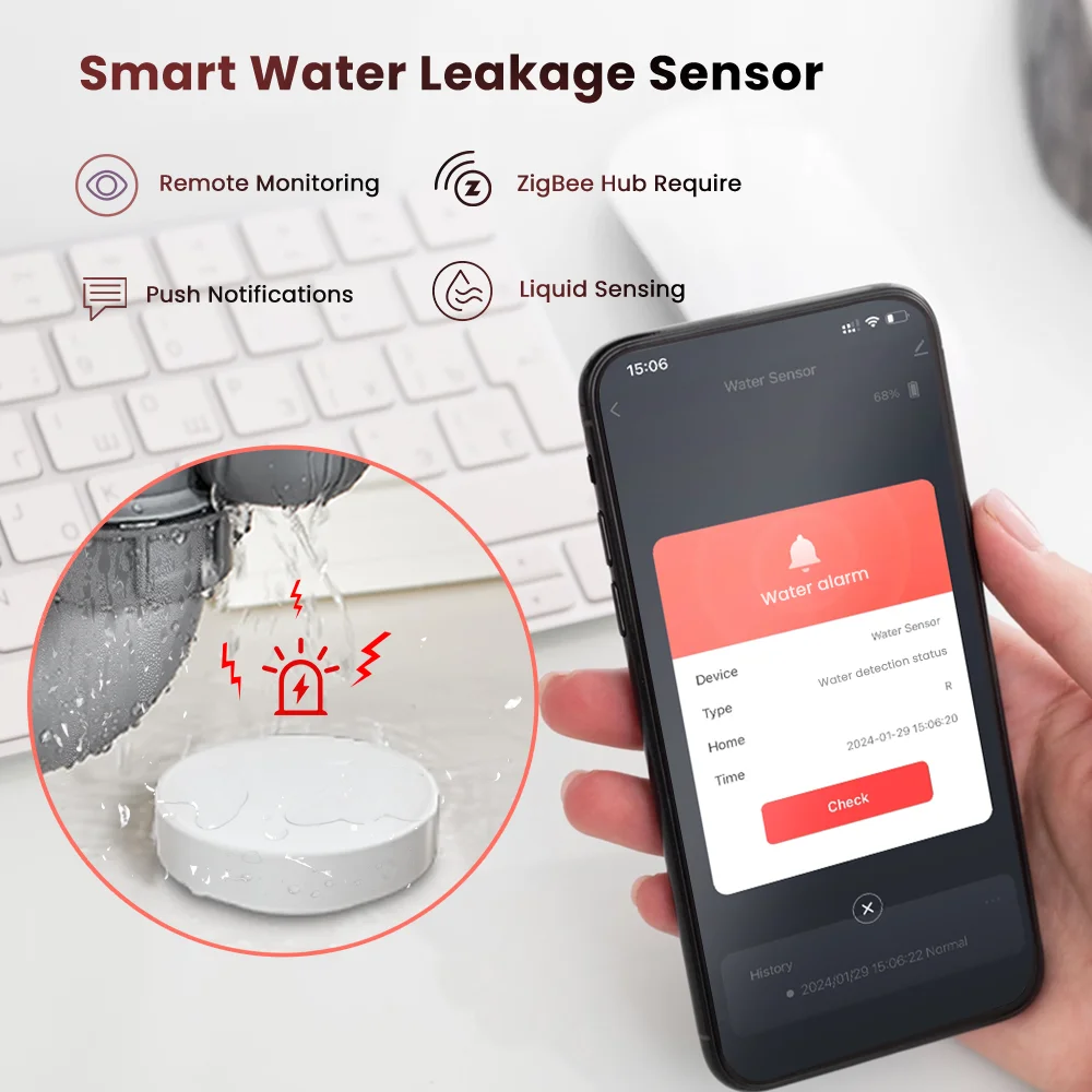 AVATTO Zigbee Water Immersion Leakage Sensor Water Linkage Alarm Sensor Smart Life App Remote Monitoring Water Leak Detector