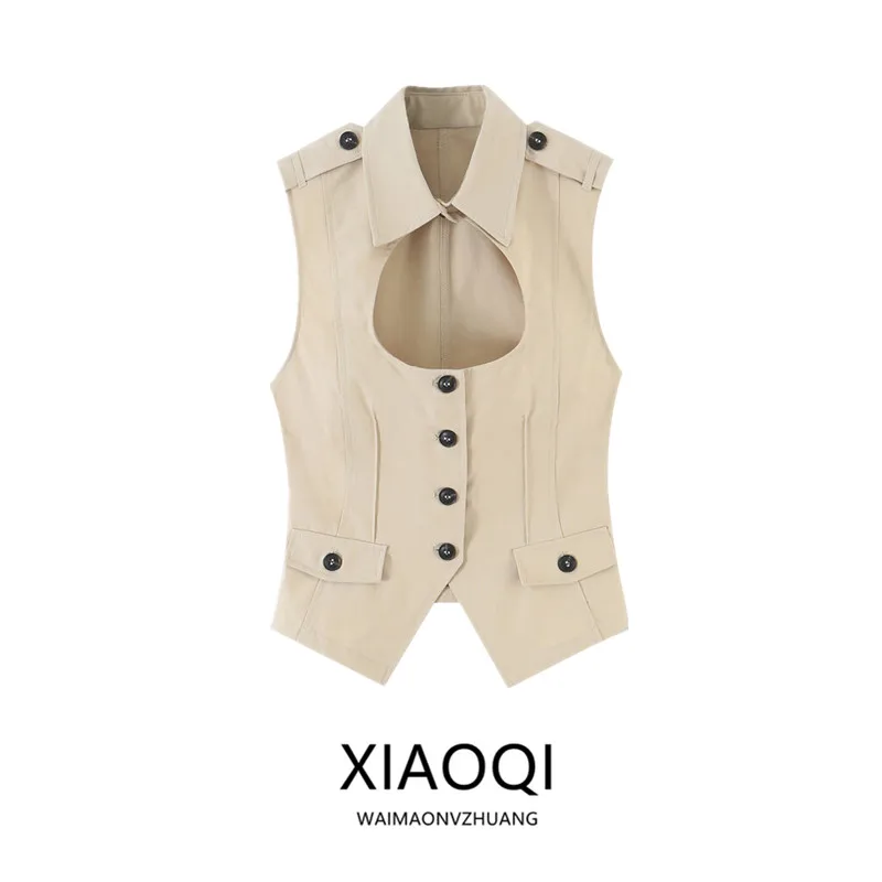 Women's Autumn New Style Sleeveless Windbreaker Shirt Collar Stand up Split Design Fashionable And Versatile Commute Style