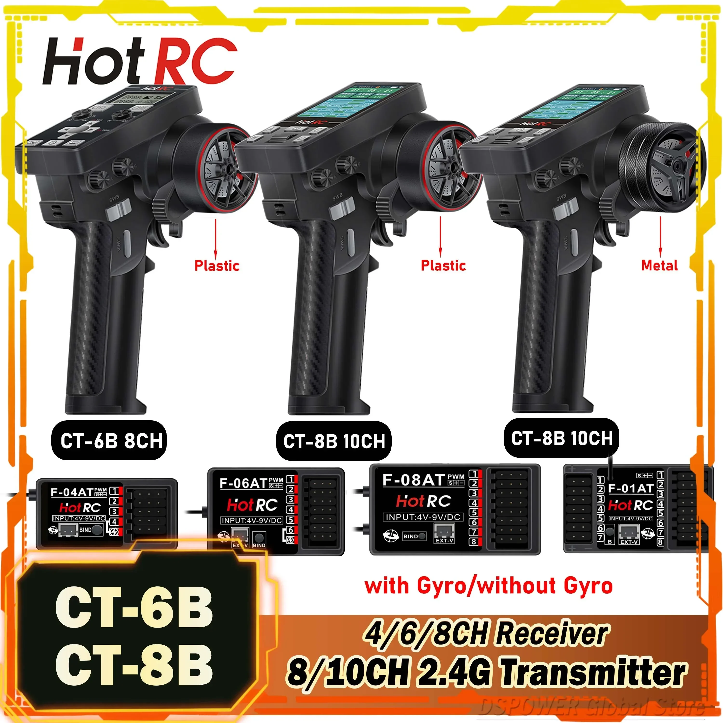 

HOTRC 8/10CH 2.4G Transmitter CT-6B CT-8B Remote Control F-04T F-06AT F-08AT F-01AT Gyro Receiver for RC Model Car Boat Tank Toy