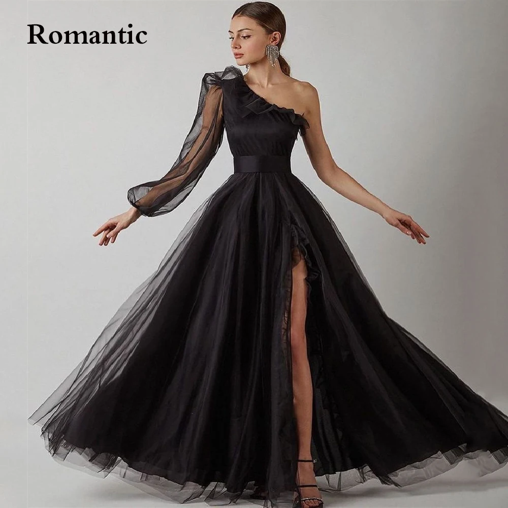 

Romantic A Line Black Tulle Evening Dress Store One Shoulder Sleeve Side High Slit Fairy Long Prom Gowns Formal Party Invite