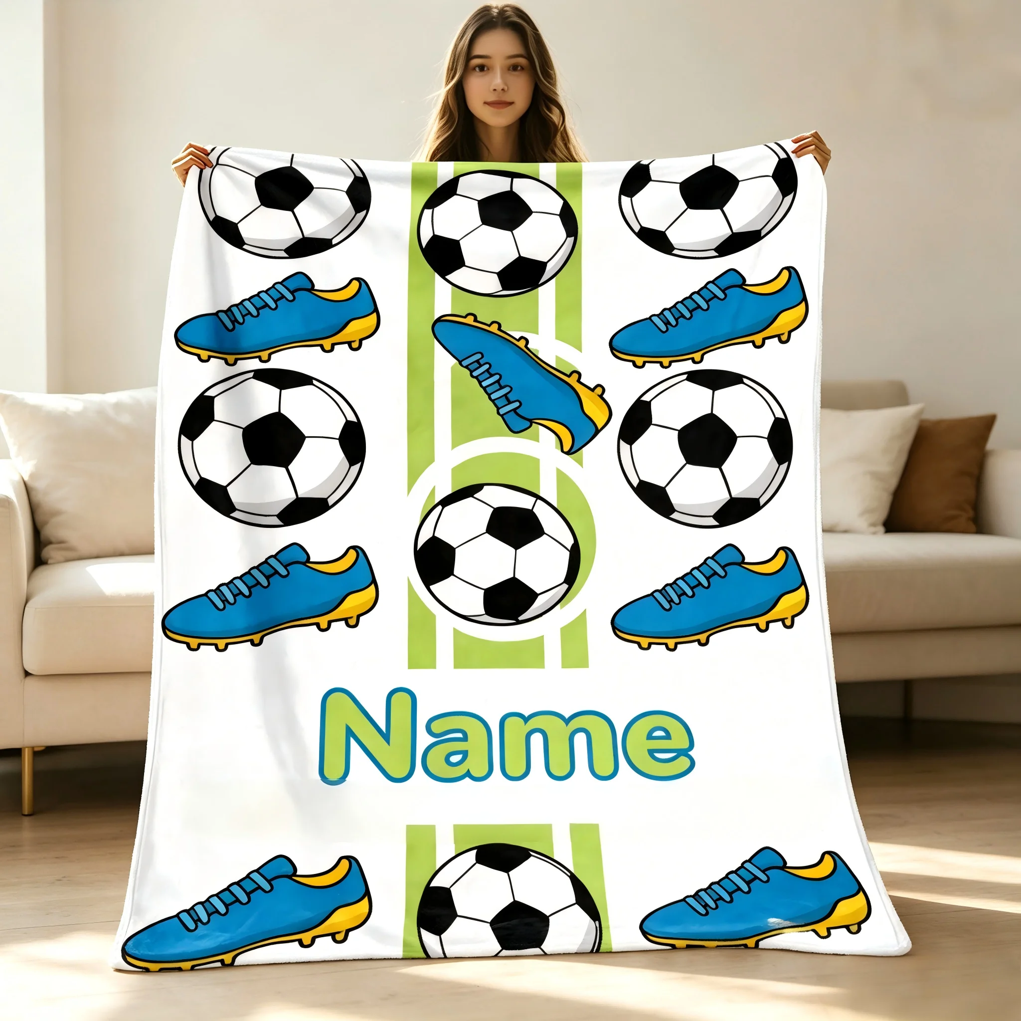 Custom name Soccer Blanket Soccer Themed printed Blanket for Football fans boys girls birthday festival gifts four season use
