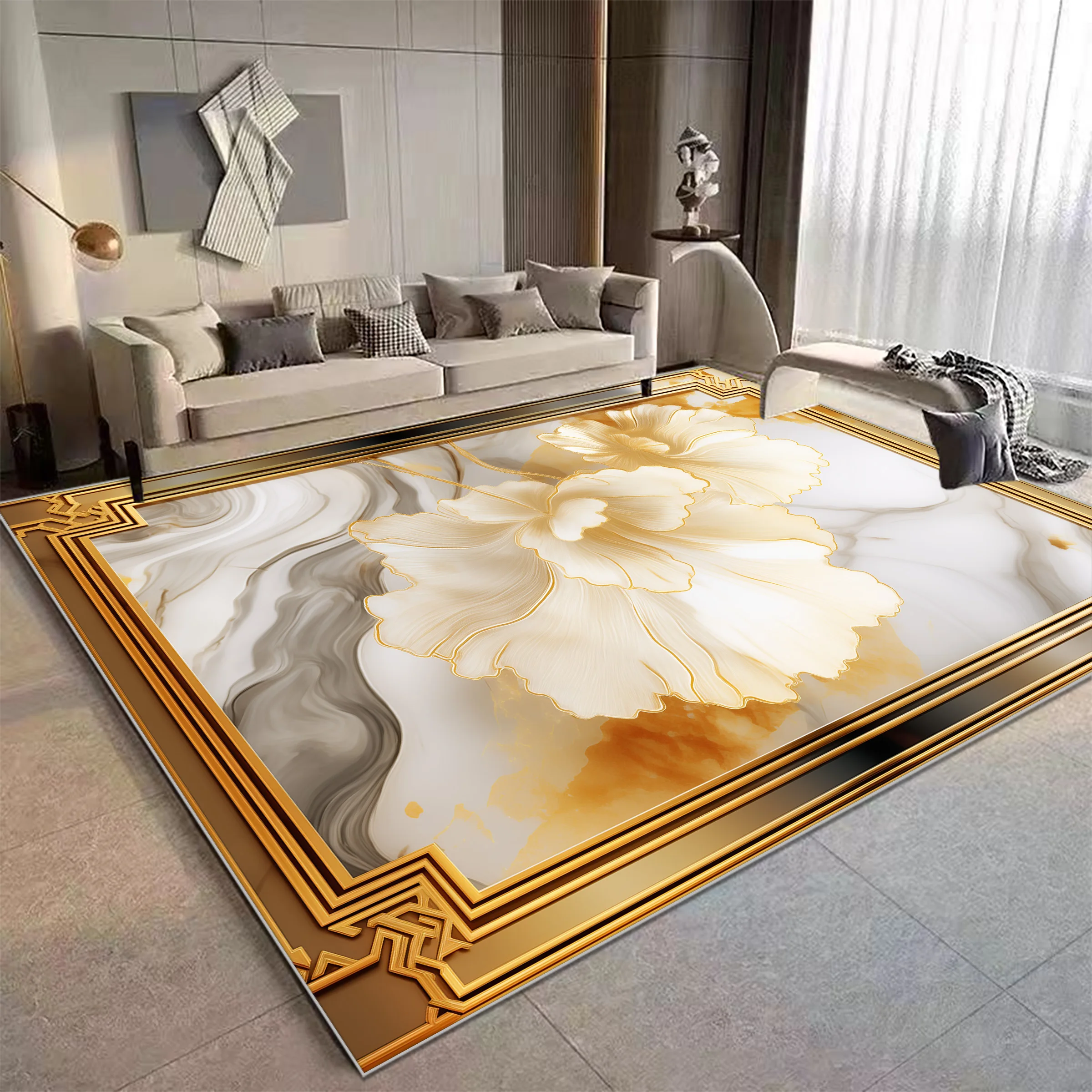 Luxury Golden Abstract Rugs for Living Room Large Size Sofa Area Decoration Carpet Home Bedroom Non-slip Washable Soft Floor Mat