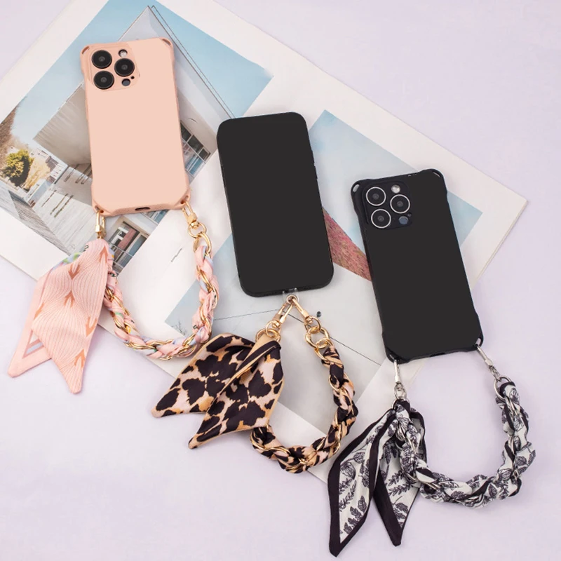 Scarves Design Metal Phone Chain Flower Leaf Fruit Print Silk Phone Pendant Key Chain Key Ring Bag Decoration For Iphone Android