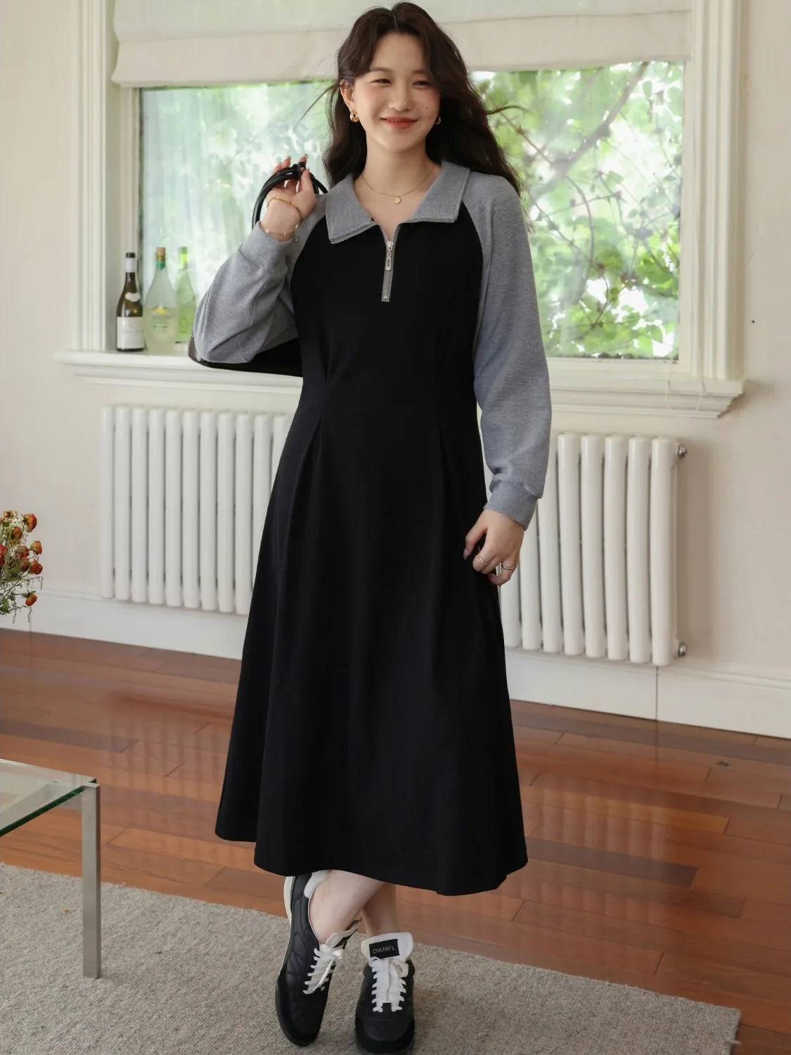 Women's plus Size Patchwork Waist-Cinching Sweatshirt Dress Casual Style A-Line Skirt Long Sleeve  Collar Slim Fit Dress