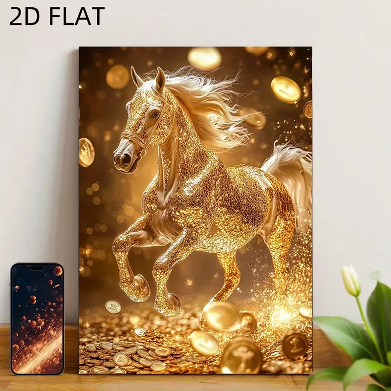 2D Flat Golden Money & Wealth Wall Art Poster - 12x16 Inch Shiny with Galloping Horse & Golden - Modern Frameless Canvas Print S