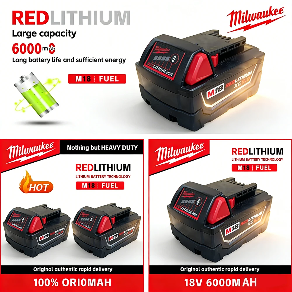 

100% original 6.0Ah Milwaukee battery, M18 battery, M18B6 Charger, Milwaukee 48-11-1860 48-11-1850 1840 Tool Lithium Battery