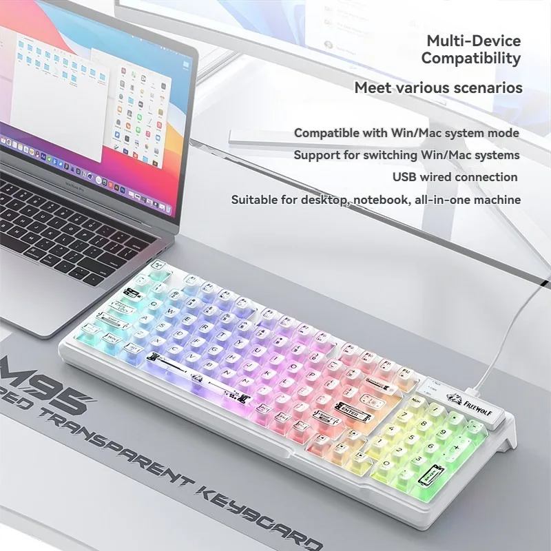 

Беспроводная клавиатура FREE WOLF M95 с полной прозрачностью, RGB-подсветкой, раскладкой 98, бесшумная, для игр и офиса, с возможностью кастомизации, долгим сроком службы батареи, в подарок