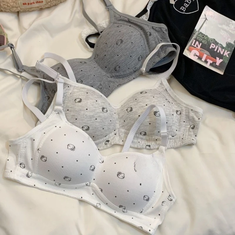 

Бесшовный бюстгальтер Hello Kitty Sweet для женщин, японский дизайн с принтом Kitty, без косточек, пуш-ап, дышащее нижнее белье Y2, женское нижнее белье