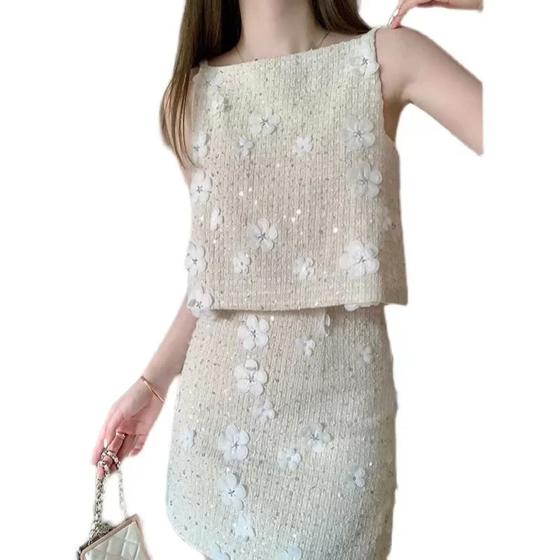 LML set women's summer new French sequin short sleeveless top with buttocks wrapped skirt fashion two-piece set womens outifits
