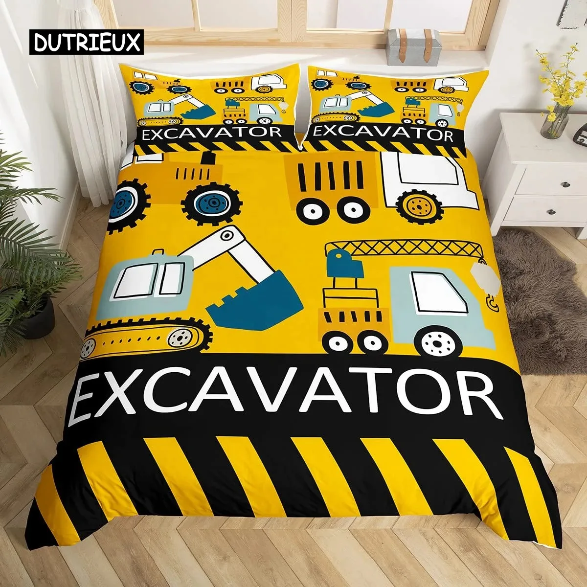 

Kids Equipment Trucks Duvet Cover King Boys Cartoon Car Excavator Tractor Bedding Set Construction Highway Comforter Cover Set