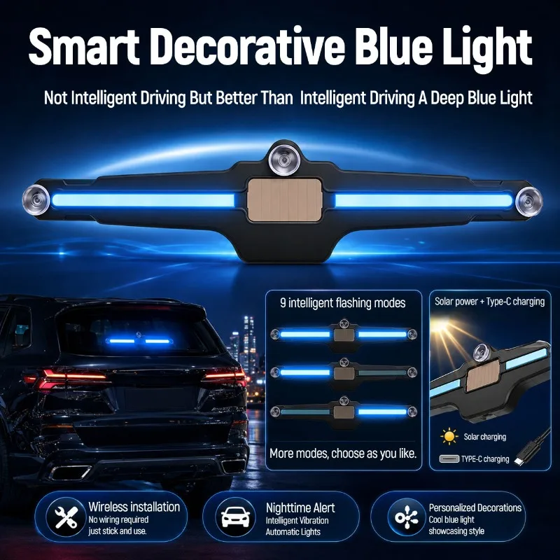 LED Car Warning Light Night Safety Strobe Blue Light Wireless Vibration Activated for Rear Window Anti-Collision Decorative Lamp