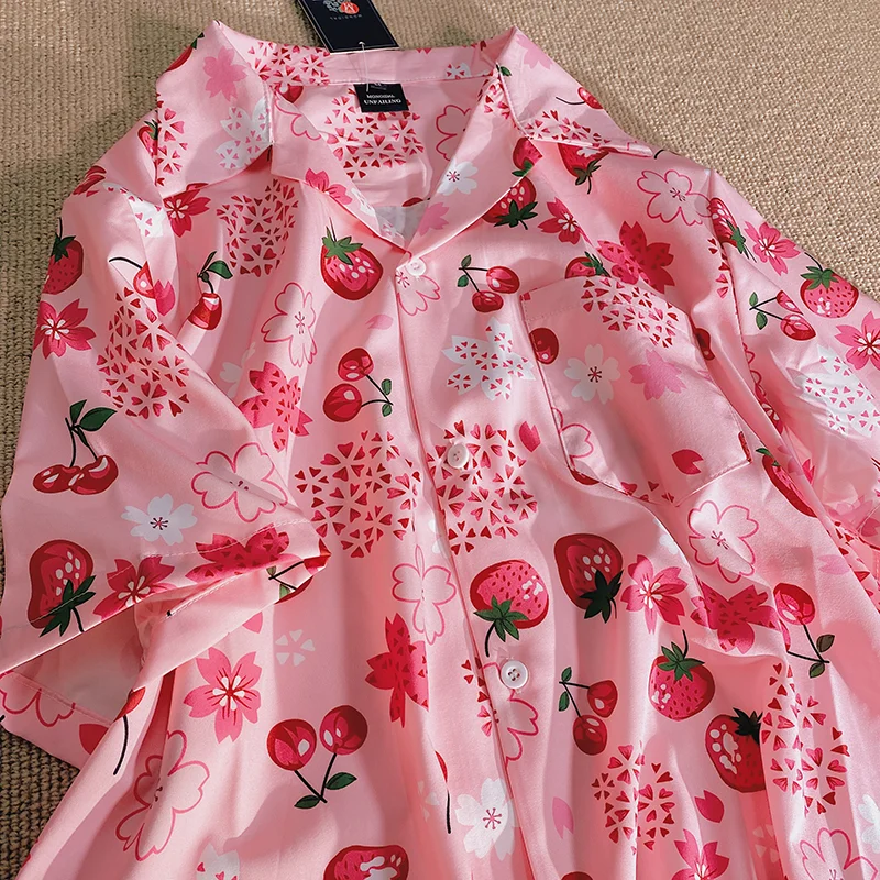 Japanese Beach Fruit Cherry Strawberry Full Printed Button Up Shirt Womenblouse Short Sleeve Casual Hawaiian Shirts Summer 2023